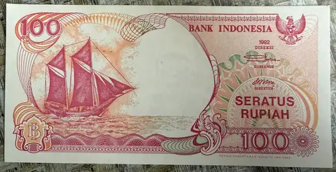 Uang Kertas 100 Rupiah Perahu Pinisi (1992) - uang kuno Indonesia era Orde Baru kondisi UNC