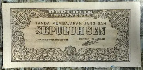 Uang Kertas 10 Sen ORI I (Oeang Republik Indonesia) - uang kuno Indonesia era VOC kondisi F