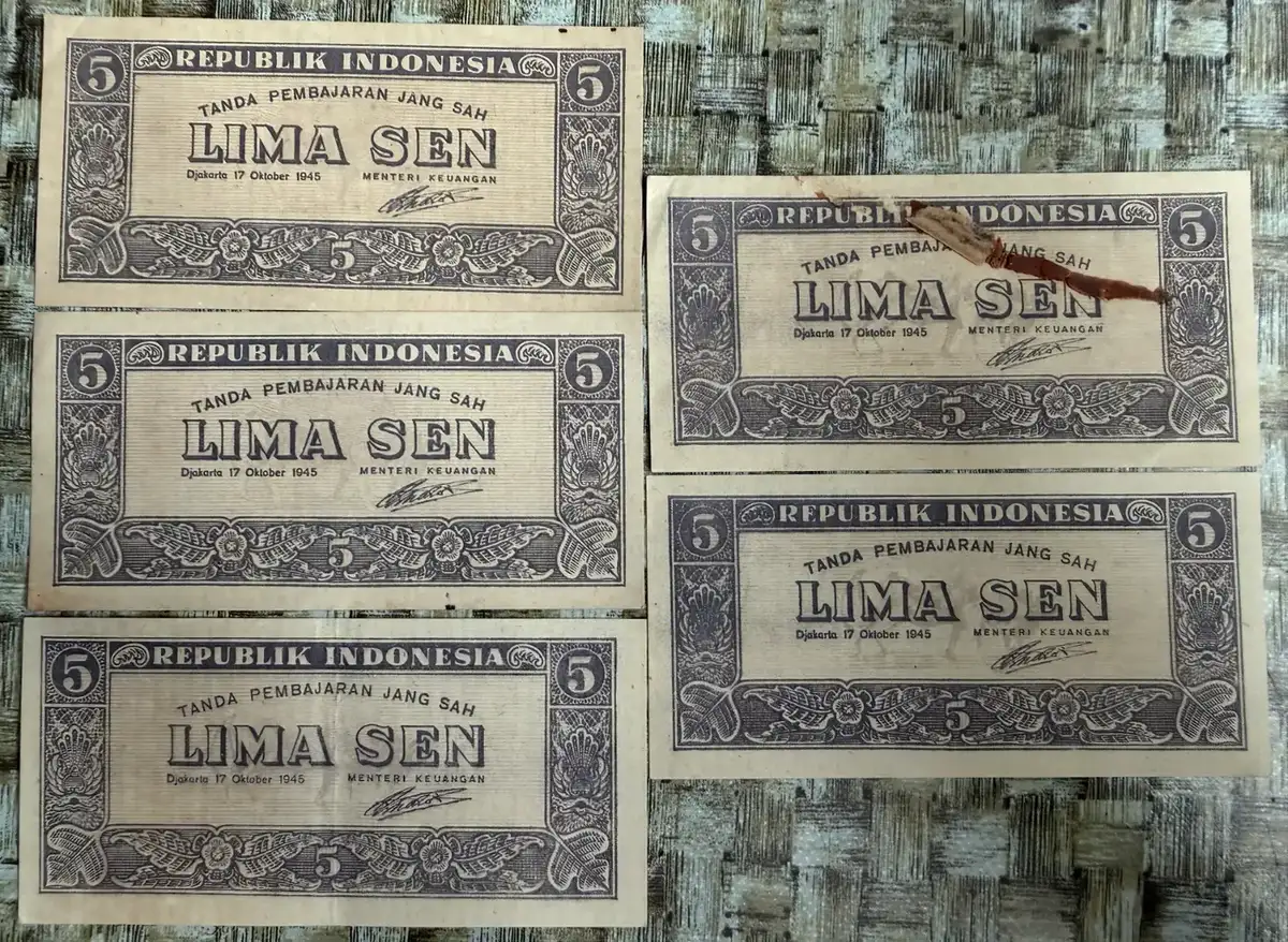 Paket Borongan 5 Lembar Uang Kertas 5 Sen ORI I (1945) - uang kuno Indonesia asli - foto 1
