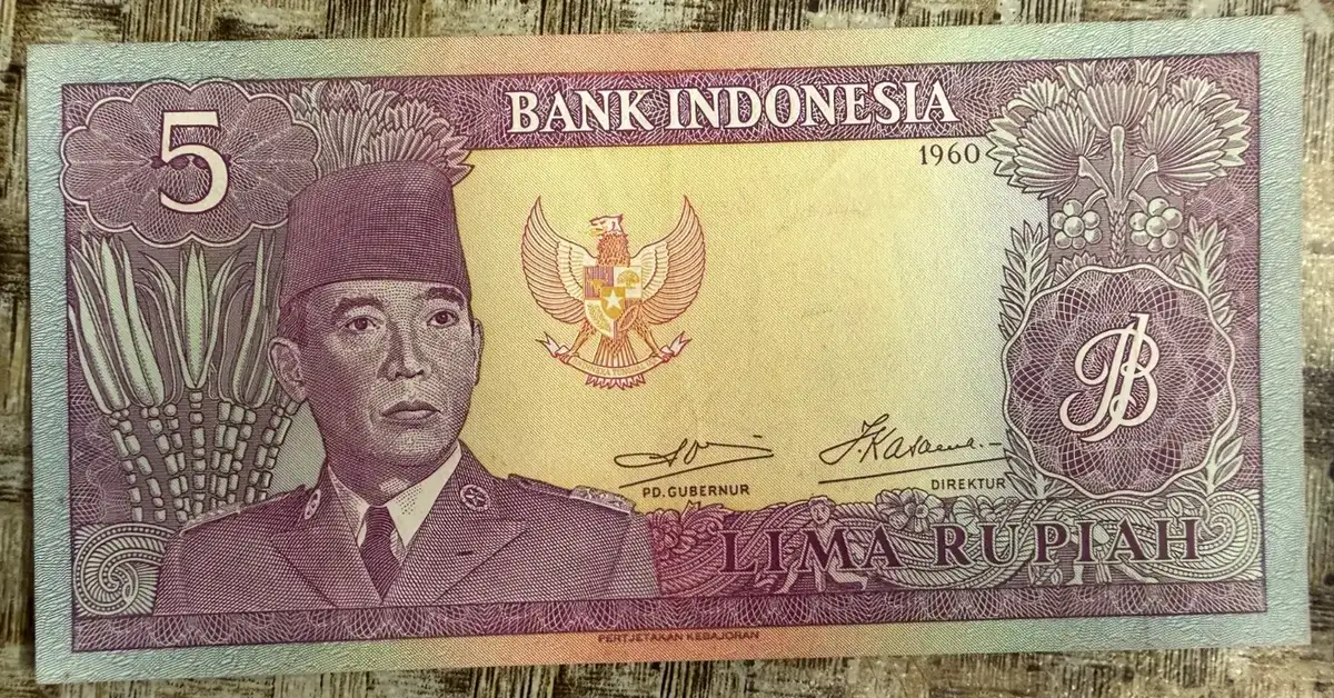 Uang Kertas 5 Rupiah Seri Soekarno - Penari (1960) - uang kuno Indonesia asli - foto 1