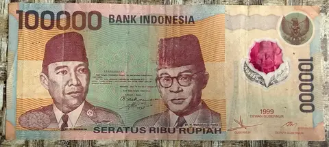 Uang Kertas Polimer 100.000 Rupiah Soekarno-Hatta - uang kuno Indonesia era Era Reformasi kondisi VG - F